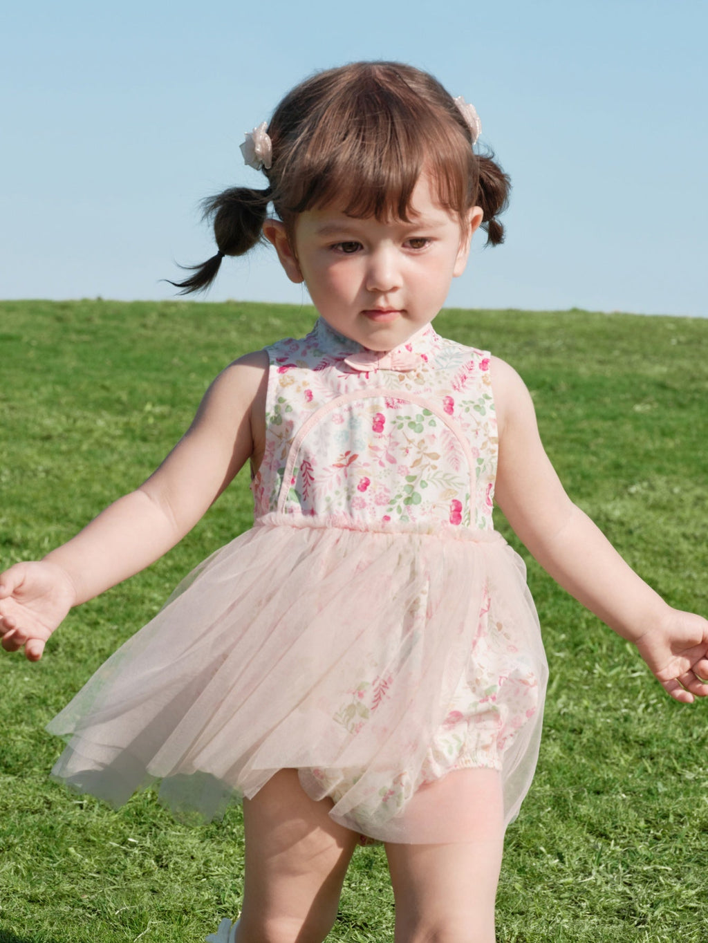 Baby Girls' Floral Print Dress Romper with Tulle Skirt 1st Birthday Outfit 208226124001