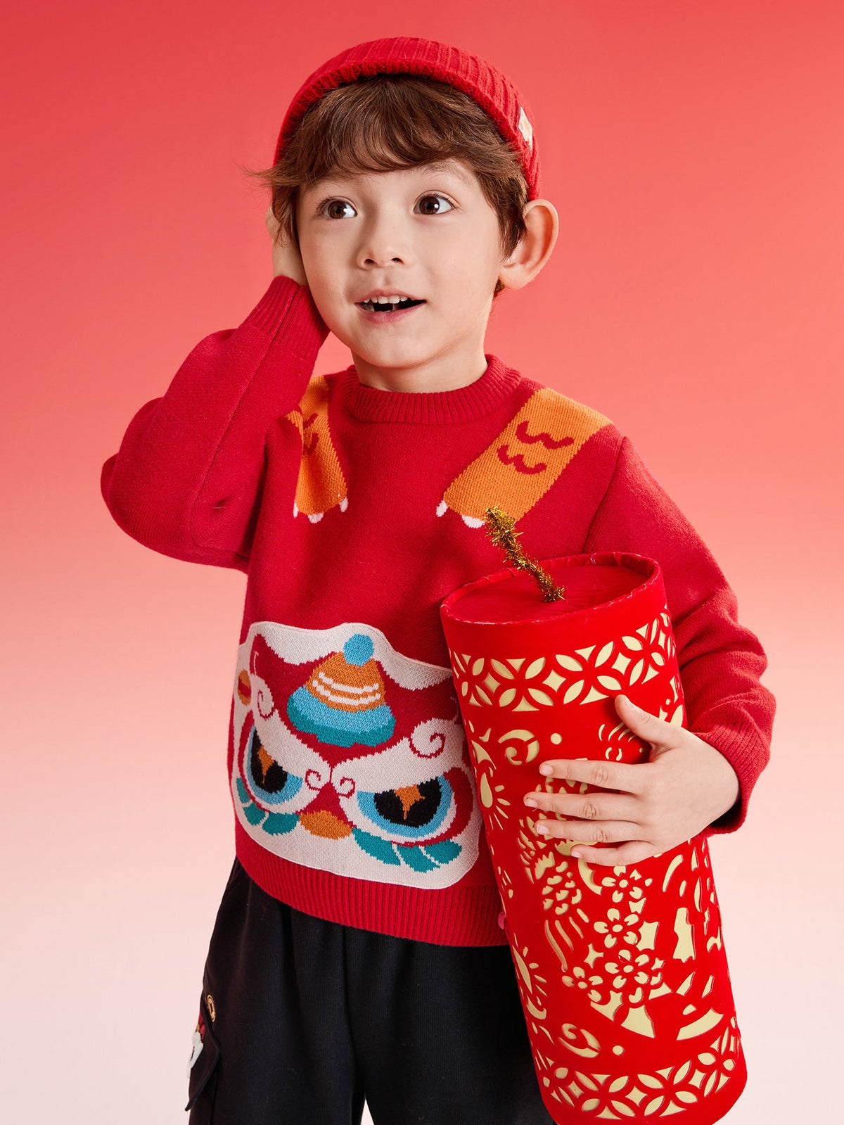 Balabala boys' sweater New Year jacquard knitted sweater 2025 spring and autumn new style New Year outfit