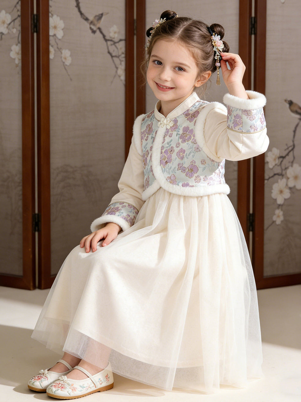 Balabala Girl Embroidered Tulle Long Sleeve Dress