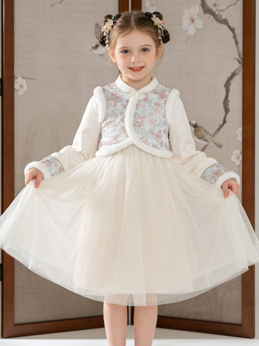 Balabala Girl Embroidered Tulle Long Sleeve Dress