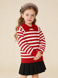 Balabala Children's Knitwear for Girls, 2024 Winter Striped Knitted Shirt with Bow Tie Inner Wear Top
