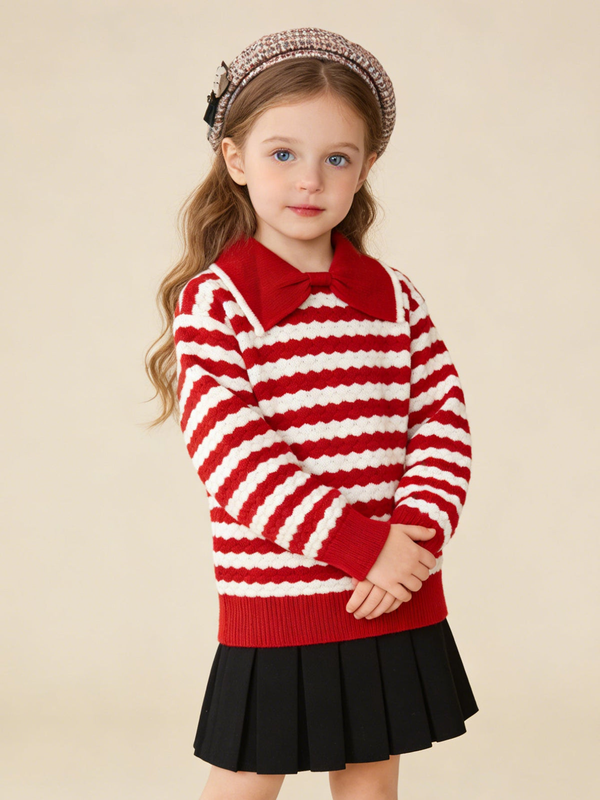 Balabala Children's Knitwear for Girls, 2024 Winter Striped Knitted Shirt with Bow Tie Inner Wear Top