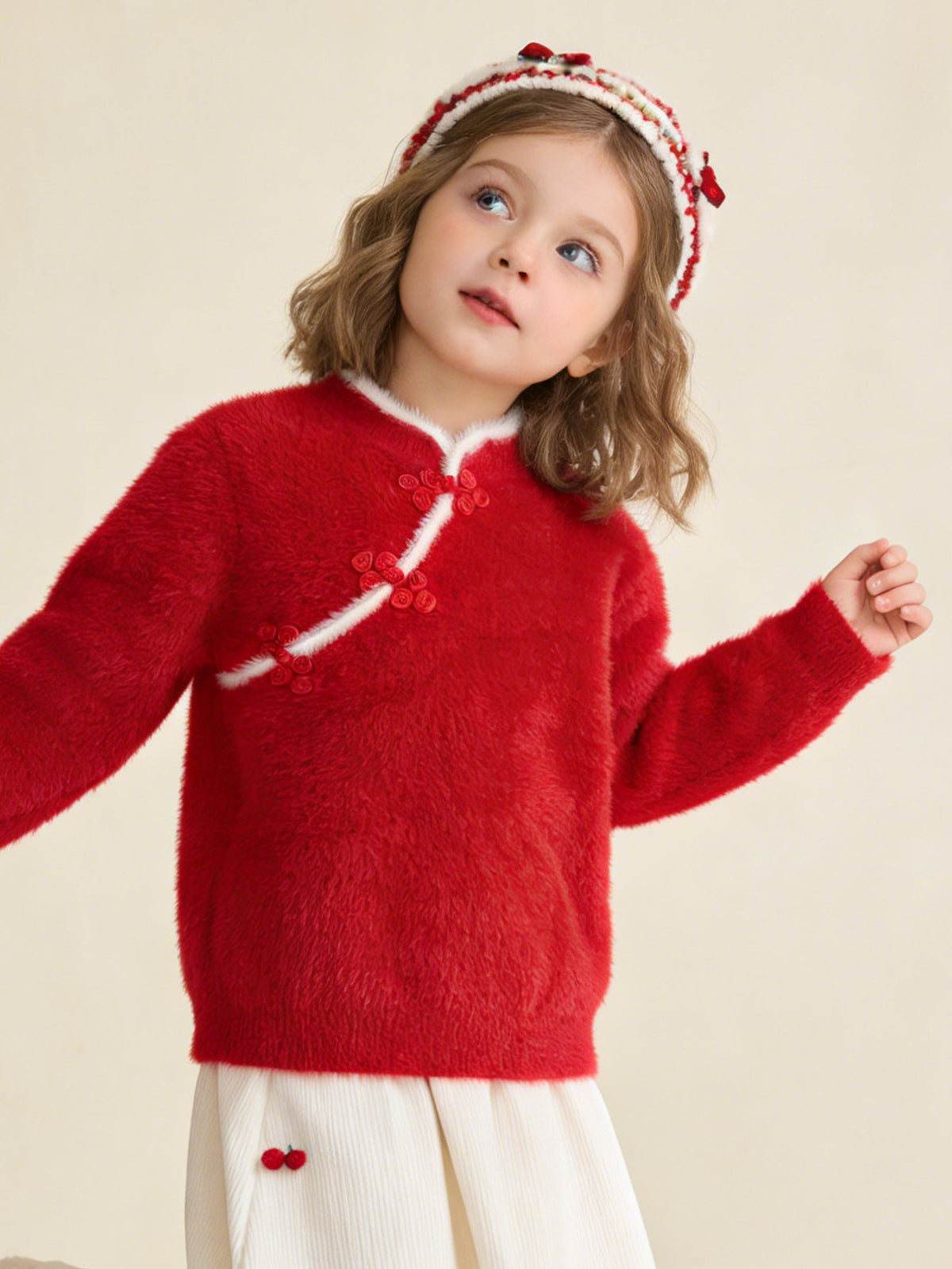 Balabala Children Sweater Girl New Chinese Style Sweater 2024 Winter New Red Knitwear Top