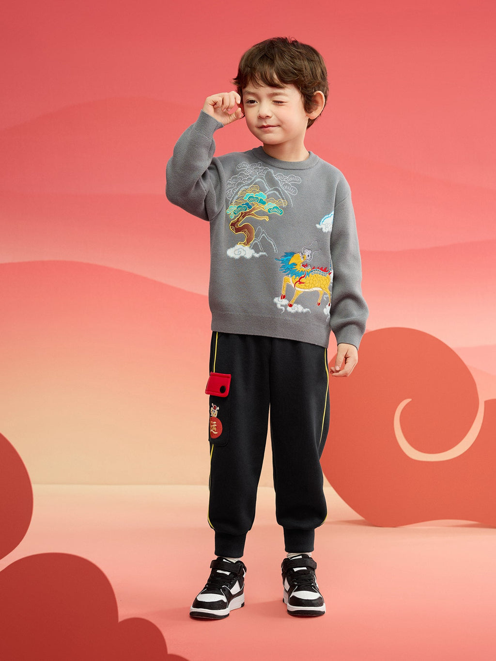 Balabala Children Clothes Boy Sweater 2025 New Spring New Year's Outfit Baby Chinese Style Knitwear
