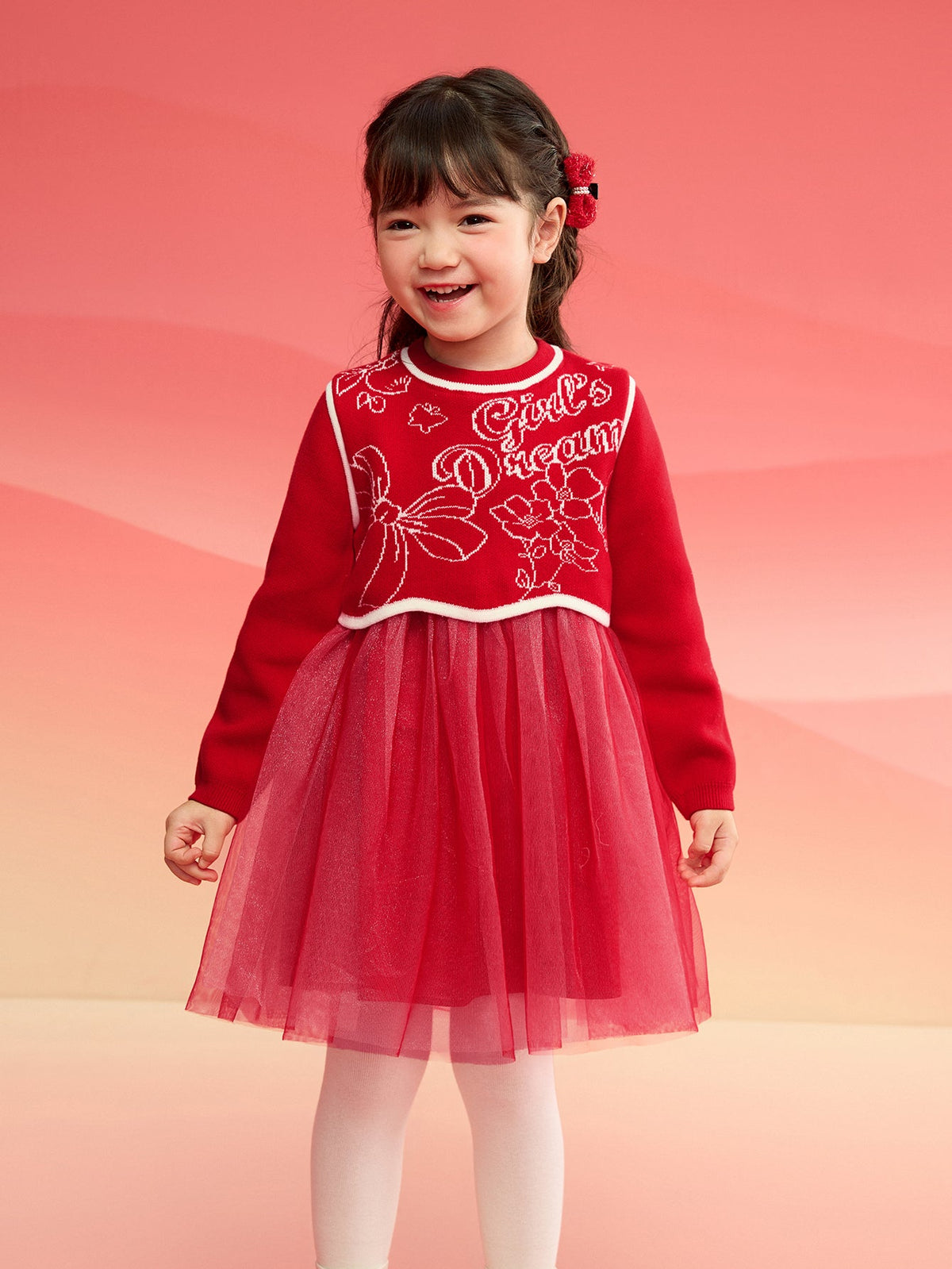 Balabala Girl Dress Children 2024 Winter New Chinese Style Mesh Two-Piece New Year's Outfit