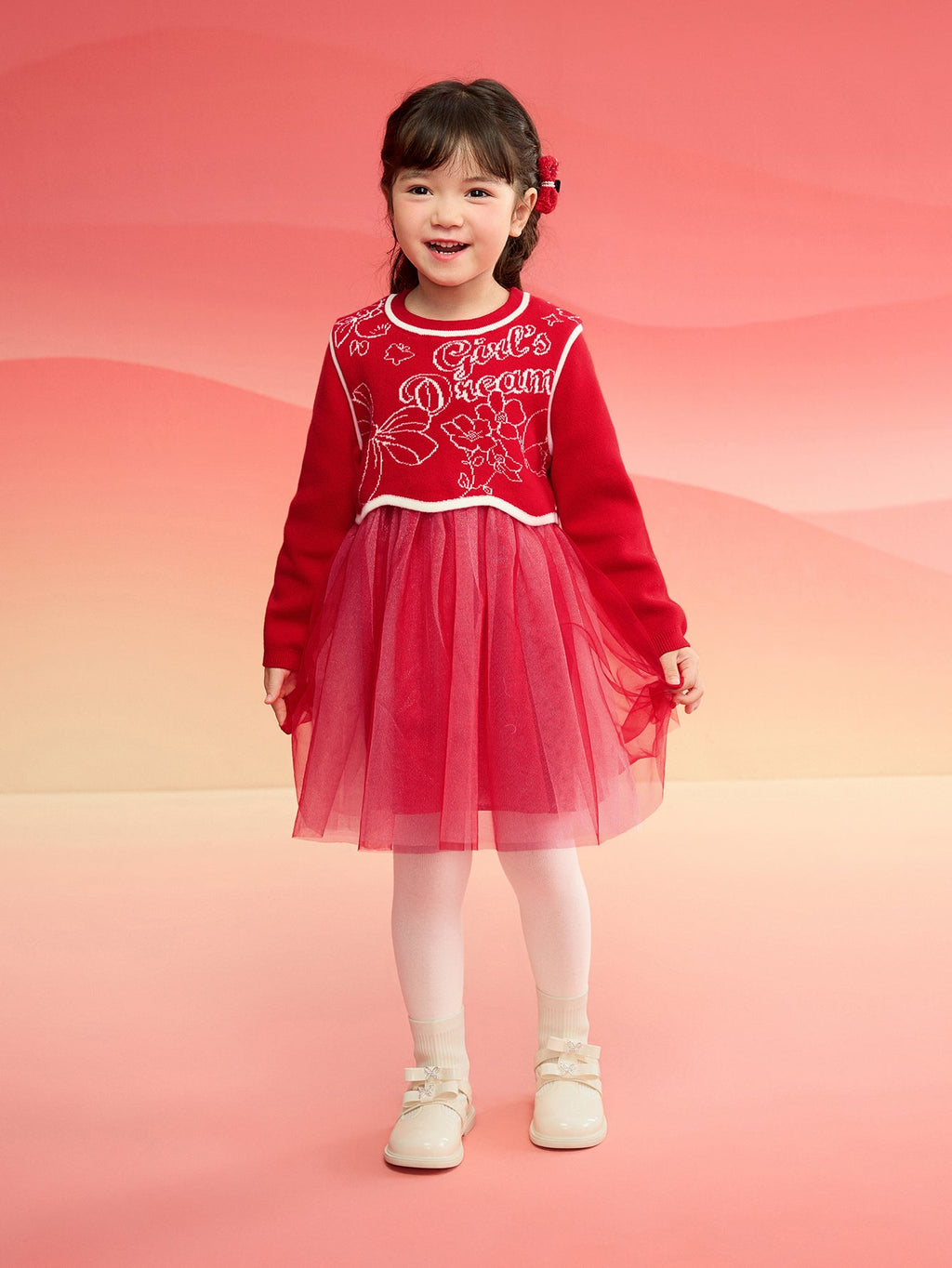 Balabala Girl Dress Children 2024 Winter New Chinese Style Mesh Two-Piece New Year's Outfit