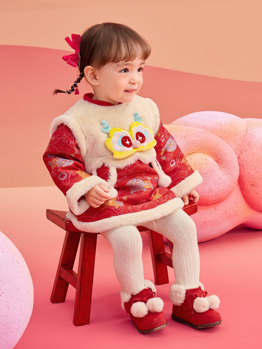 Balabala Children's Clothes Baby One-Piece Dress Baby Dress 2025 New Spring Clothes Baby Girl New Year Greeting Outfit Chinese Style