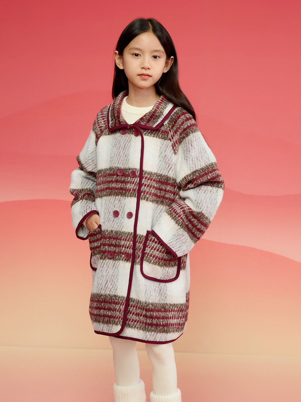 Balabala  children's clothing girls coat 2024 fall and winter new retro college plaid tweed coat