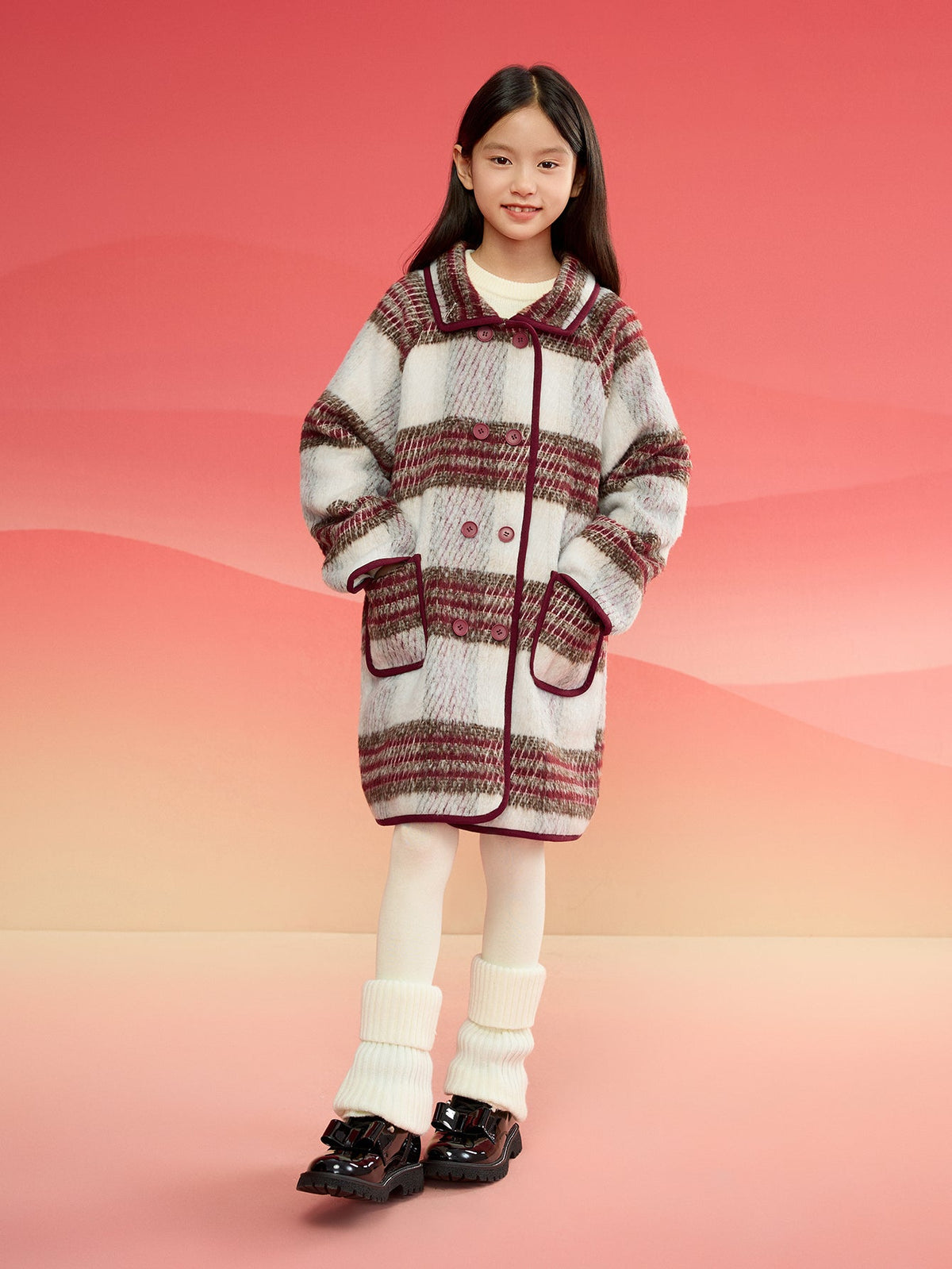 Balabala  children's clothing girls coat 2024 fall and winter new retro college plaid tweed coat