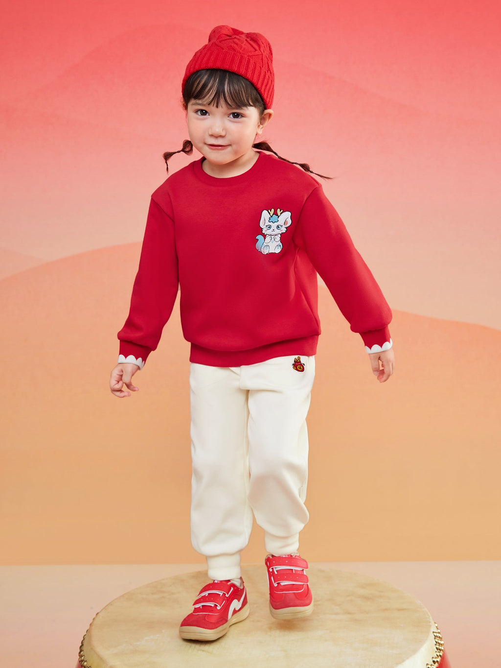 Balabala  Girls Long Sleeve Sweatshirt Top 2024 Winter New Round Neck New Year Red