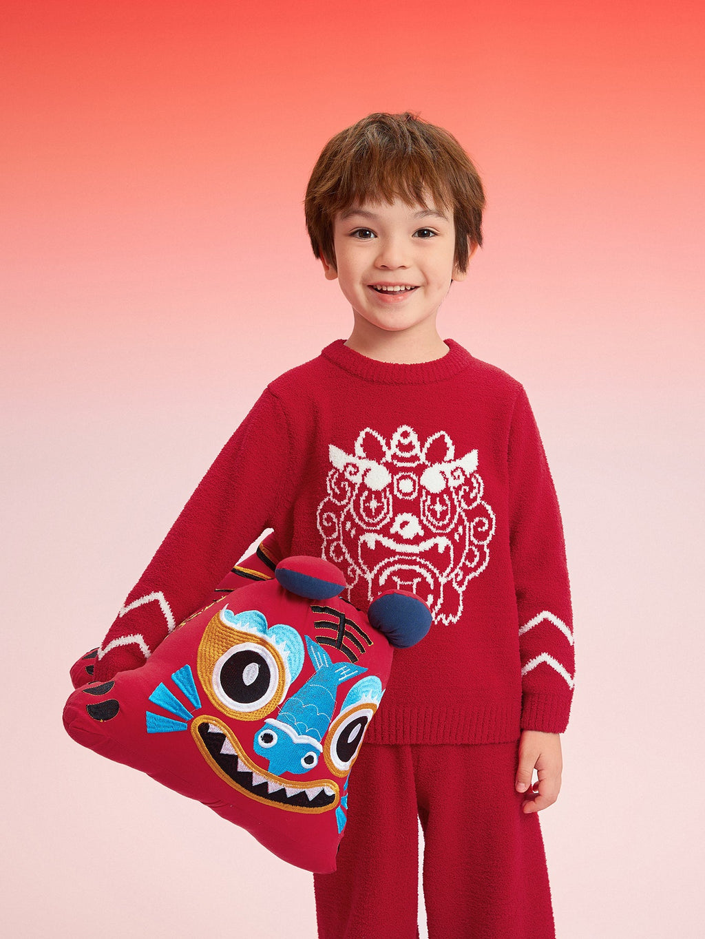 Balabala Baby Pajama Suit Winter Thickened Half Fleece Boy And Girl Home-Wear Red Animal Year
