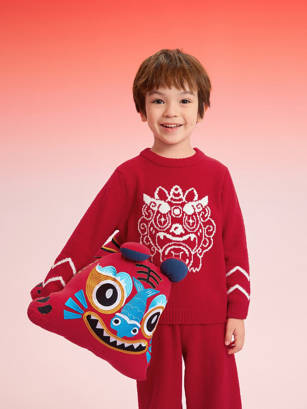 Balabala Baby Pajama Suit Winter Thickened Half Fleece Boy And Girl Home-Wear Red Animal Year