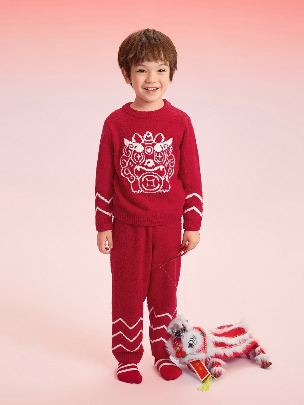 Balabala Baby Pajama Suit Winter Thickened Half Fleece Boy And Girl Home-Wear Red Animal Year