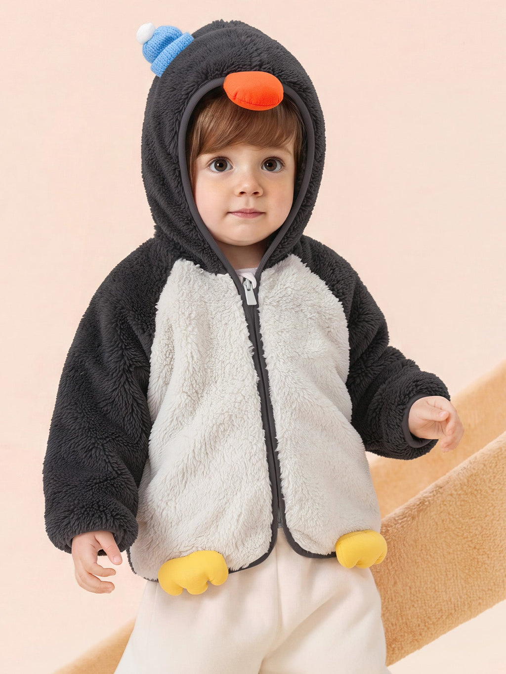 Balabala Baby Toddler Unisex Penguin Sherpa Fleece Zip-Up Hooded Jacket