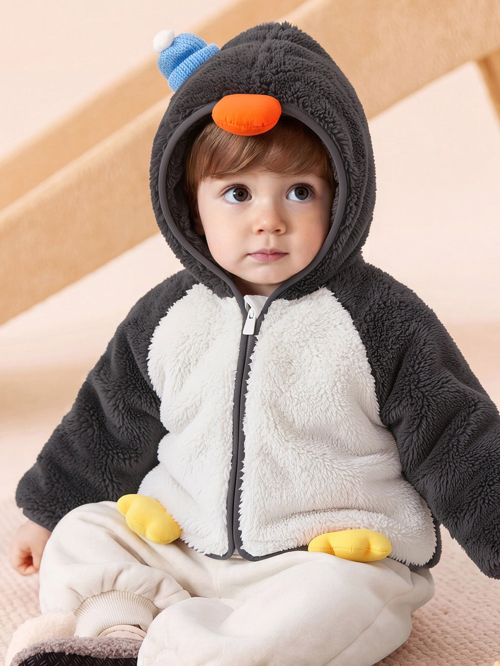 Balabala Baby Toddler Unisex Penguin Sherpa Fleece Zip-Up Hooded Jacket