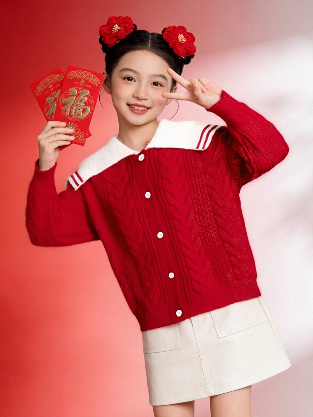 Balabala children's clothing girls sweater sweater 2024 winter new red knitted color collision warm cardigan