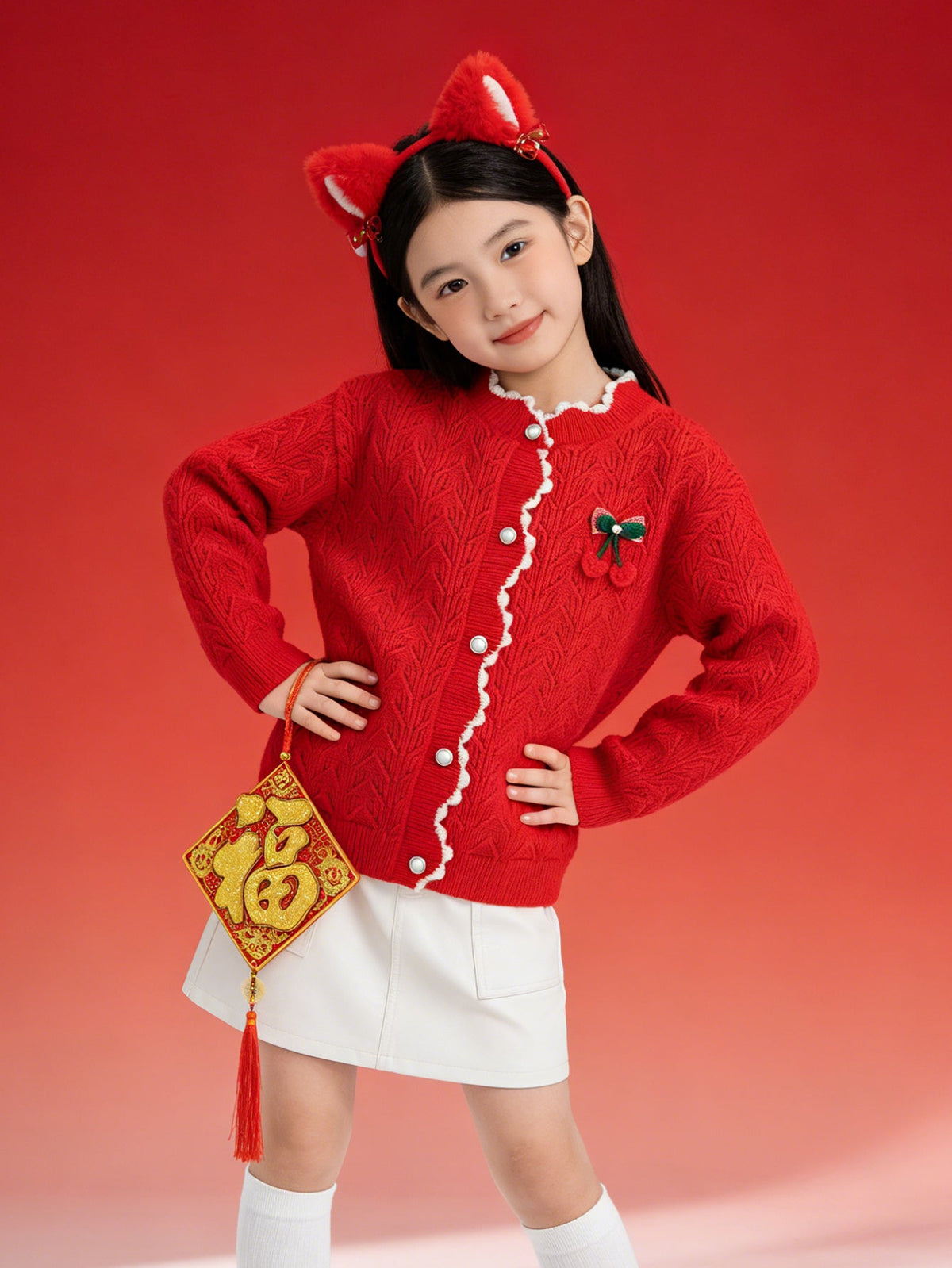 Balabala children's clothing girls sweater sweater 2024 winter new red knitted color collision warm cardigan