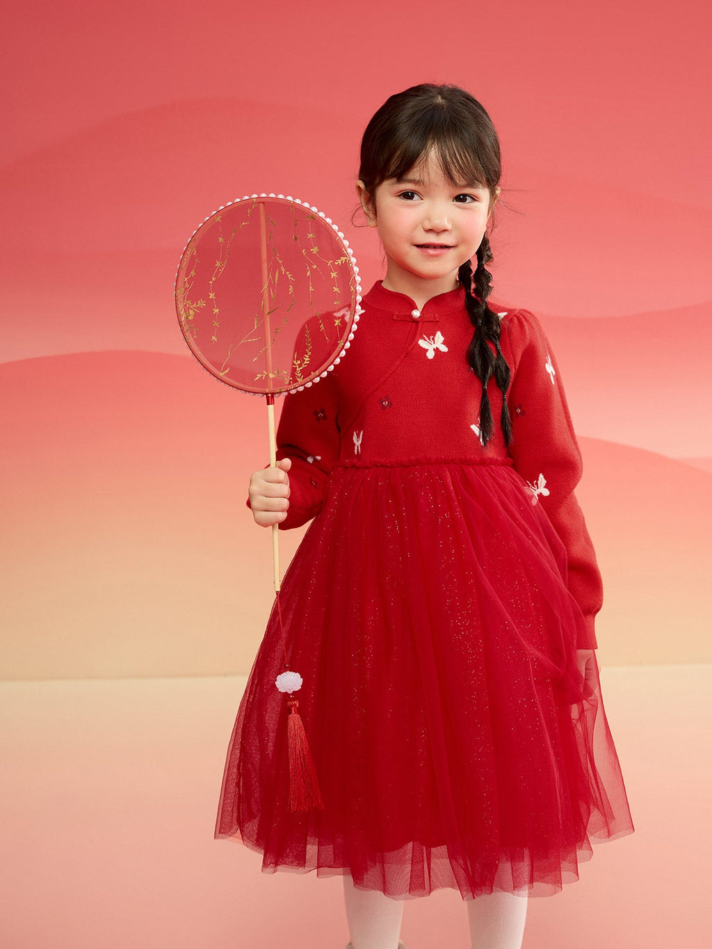 Balabala Children Clothes Girl Dress Children Skirt Knitted Mesh 2025 Winter New Princess Dress New Year