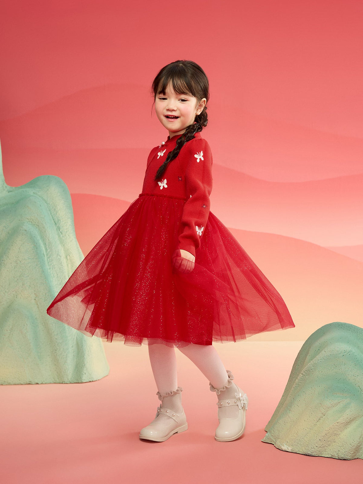 Balabala Children Clothes Girl Dress Children Skirt Knitted Mesh 2025 Winter New Princess Dress New Year