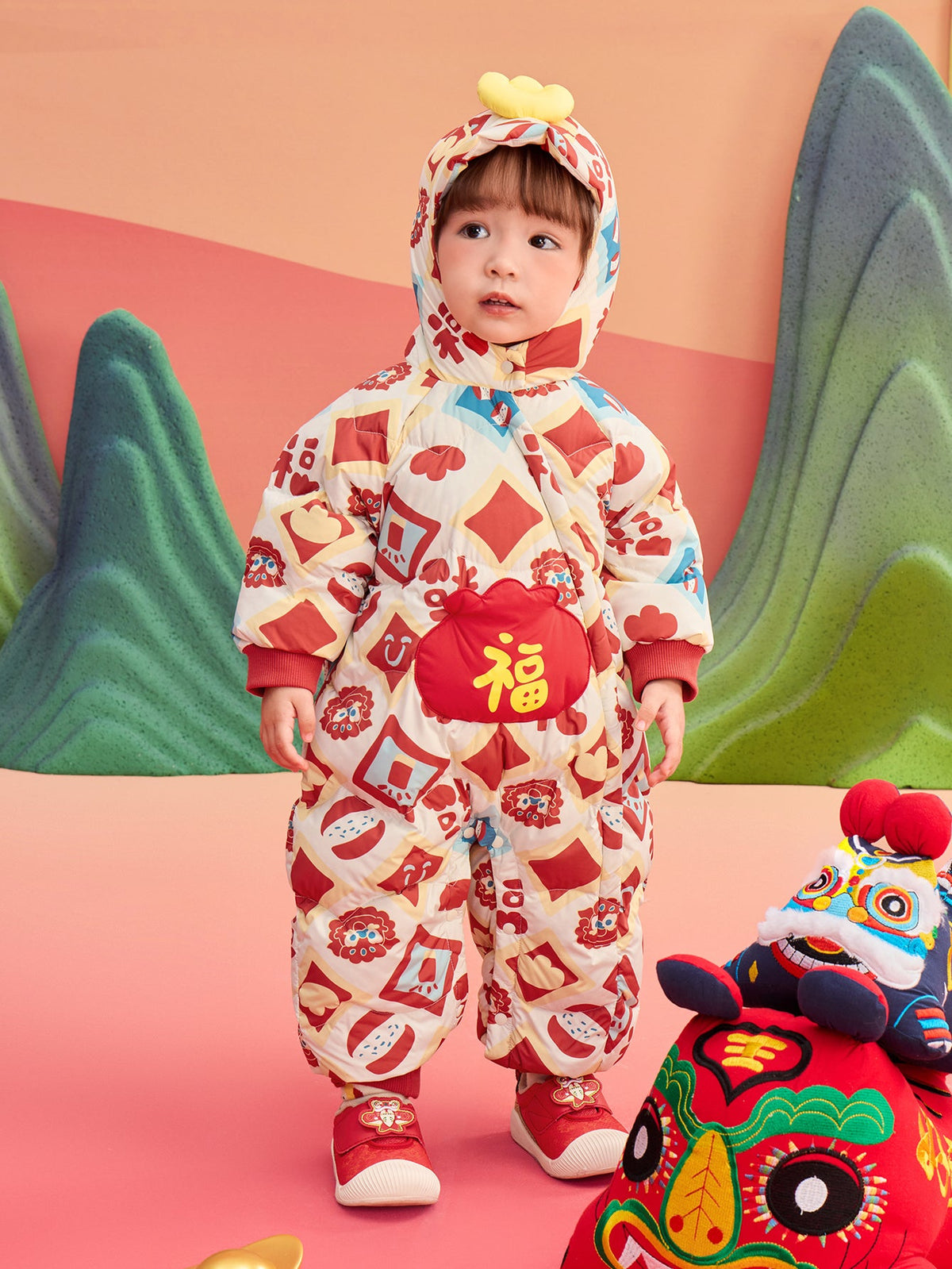 Balabala Children Clothes Baby Jumpsuit Newborn New Year Greeting Down Outfit 2025 New Year Winter wear
