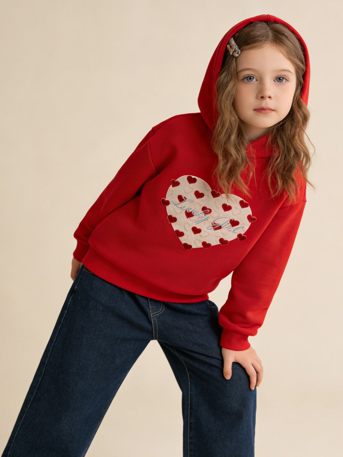 Balabala children's long-sleeved sweater girls 2025 winter new hooded love New Year red tops