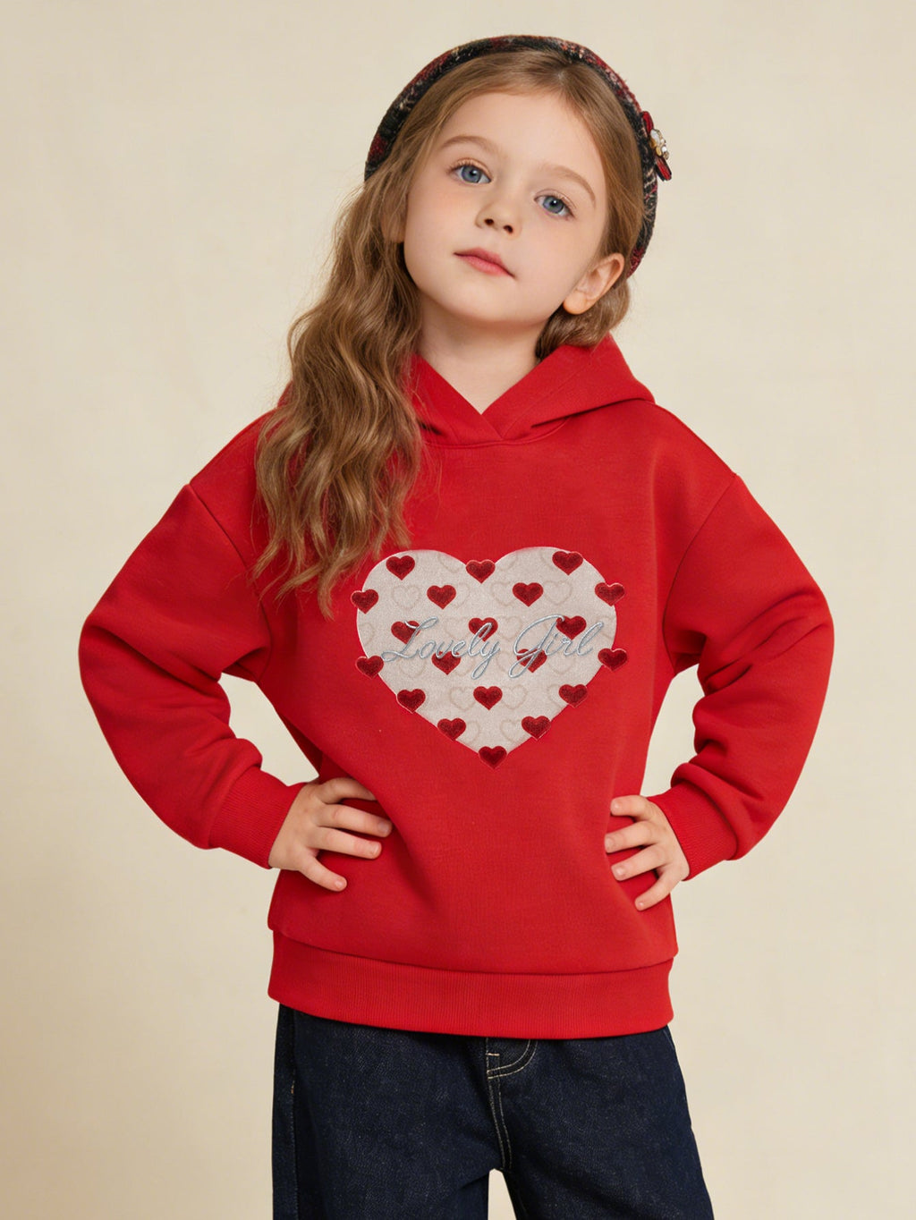 Balabala children's long-sleeved sweater girls 2025 winter new hooded love New Year red tops