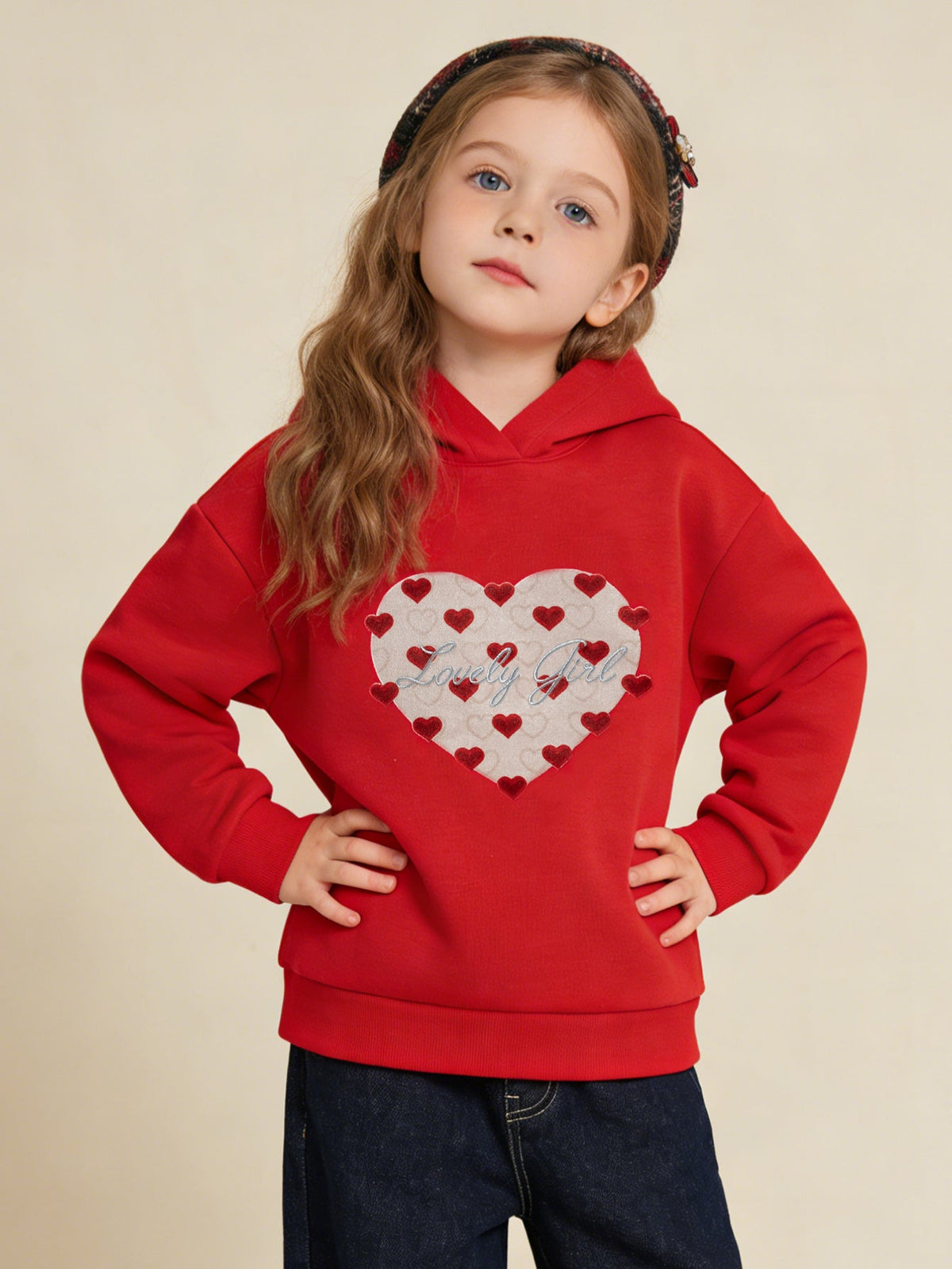 Balabala children's long-sleeved sweater girls 2025 winter new hooded love New Year red tops