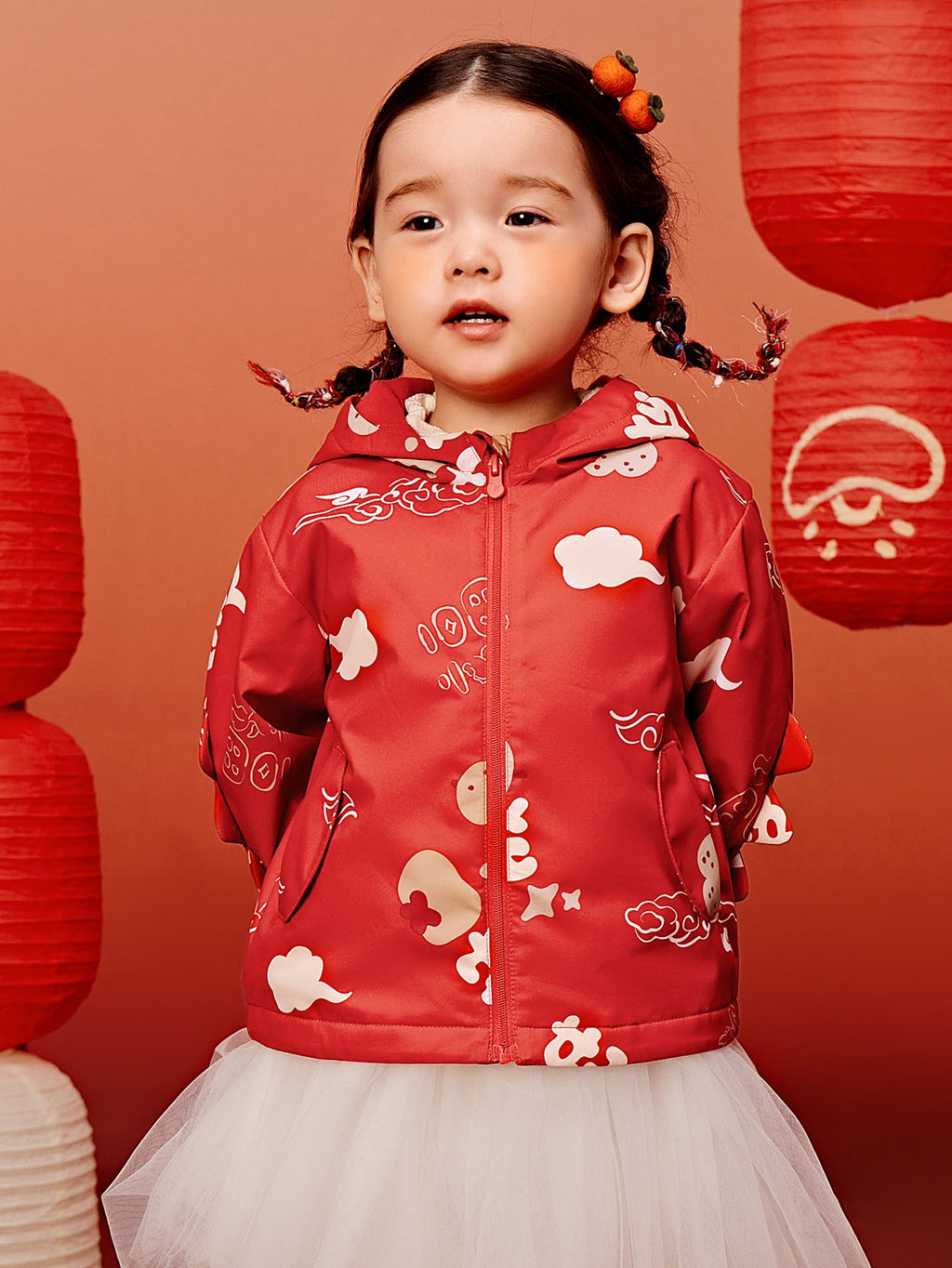 Baby Unisex New Chinese style three-proof anti-humidity and cold-keeping warm plush hooded jacket