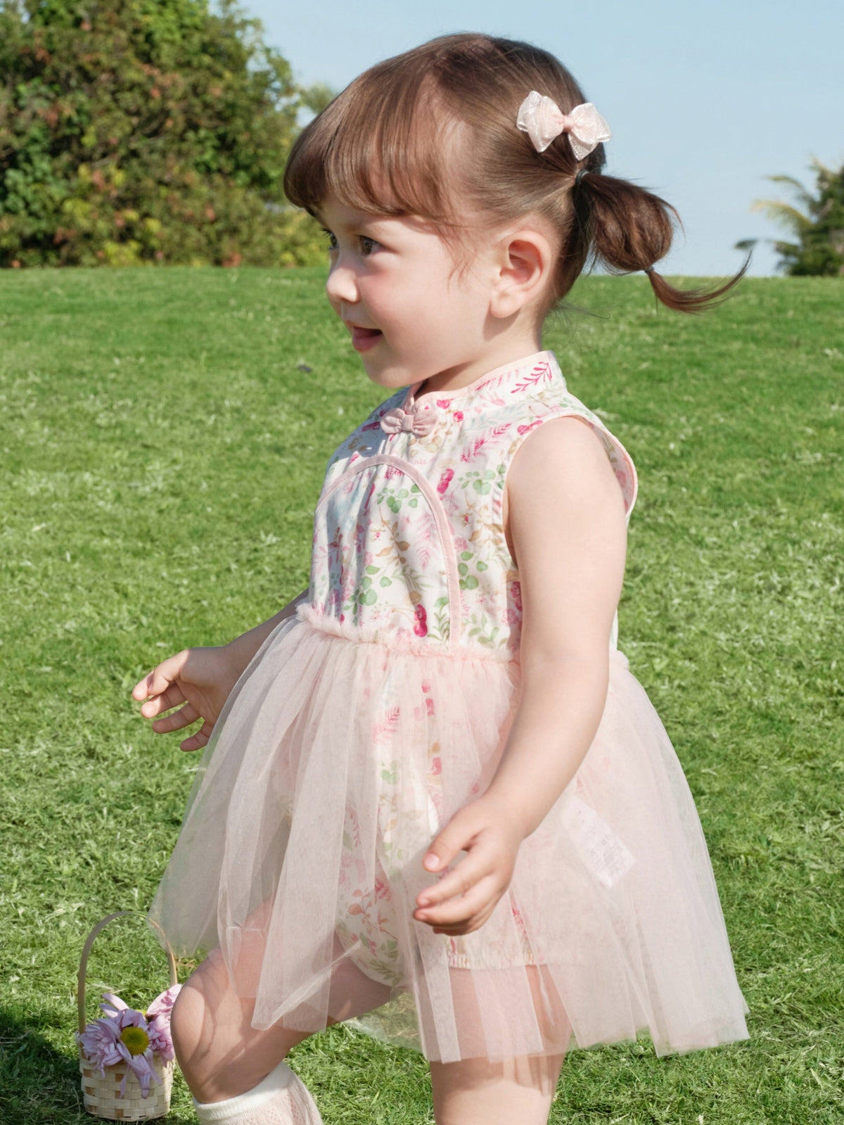 Baby Girls' Floral Print Dress Romper with Tulle Skirt 1st Birthday Outfit 208226124001