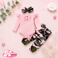 The Alva - Newborn Baby Girl Long Sleeve Bodysuit + Camo Pants + Headband 2PCS Cotton Set