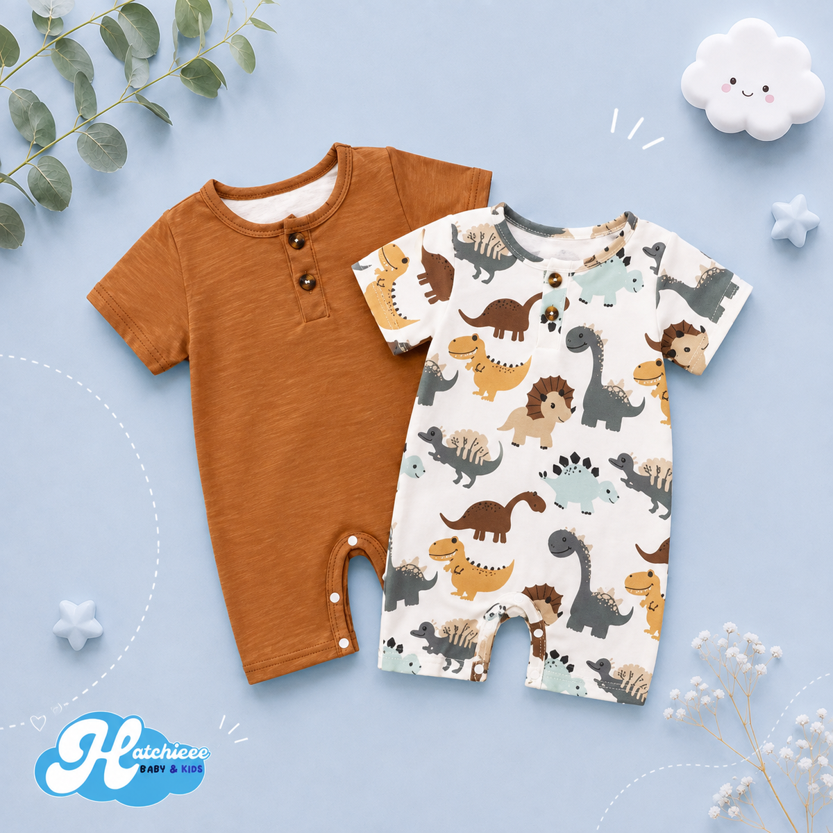 The Brooks - Newborn Baby Boy 2PCS Dinosaur Romper Short Sleeve Bodysuit Summer Outfit