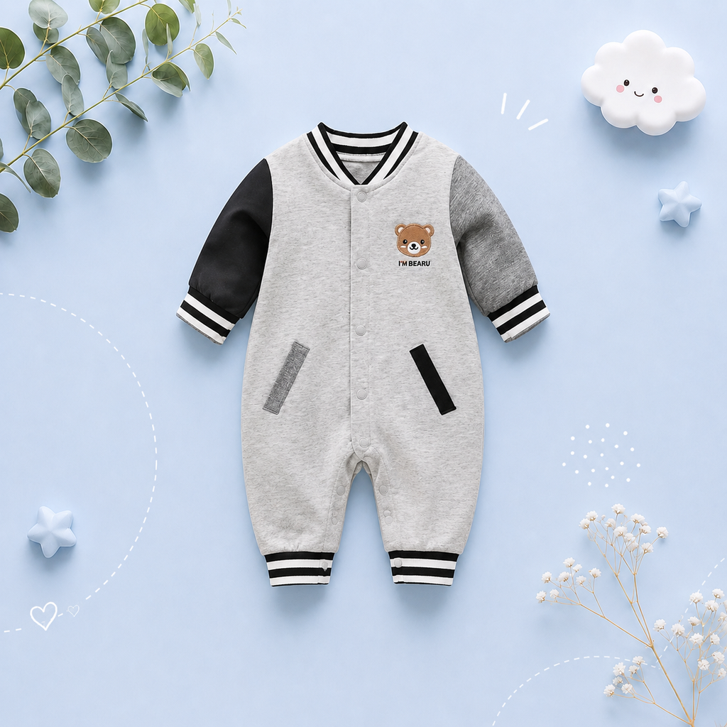 The Christopher - Baby Boy Blue and white bear Boston Cotton Long Sleeve Footies Jumpsuits