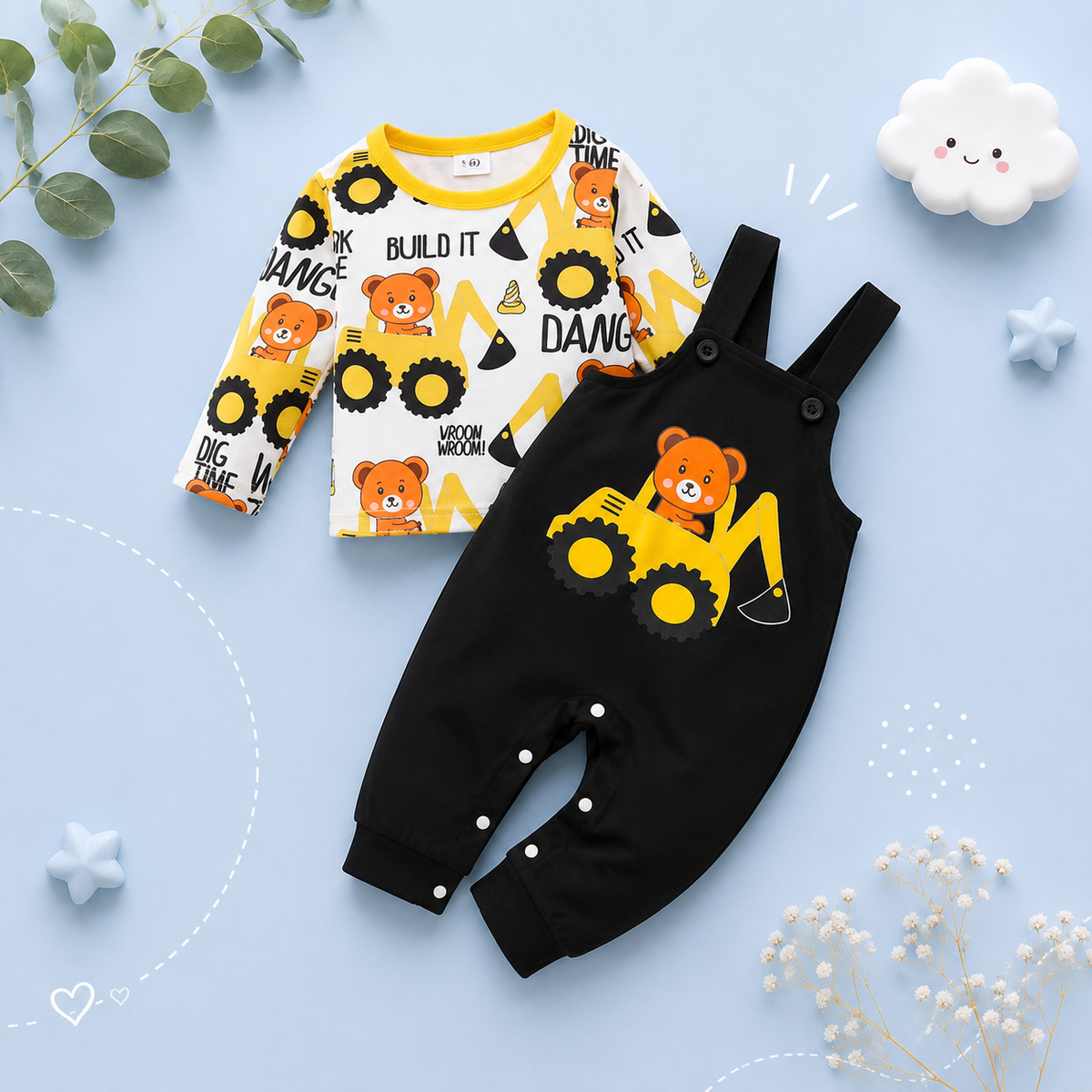 The Benicio - Newborn Baby Boy Construction Bear Print Top Overalls Set 2PCS
