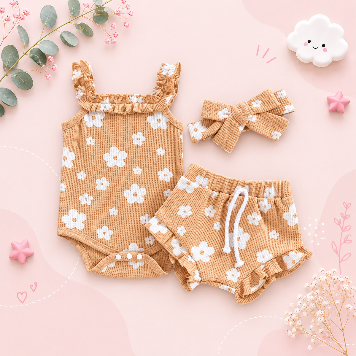 The Ariana - Baby Girl Floral Sleeveless Strap Romper + Shorts + Headband