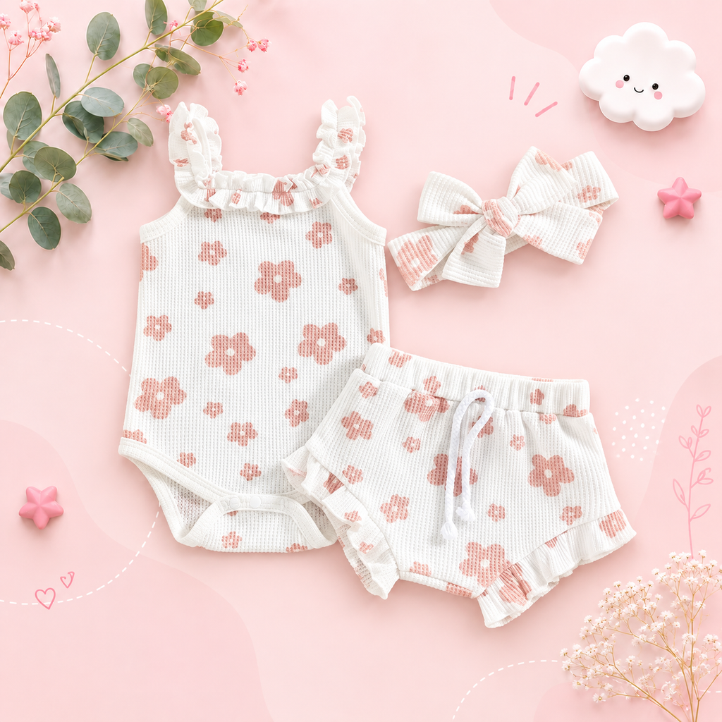 The Ariana - Baby Girl Floral Sleeveless Strap Romper + Shorts + Headband