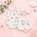 The Ariana - Baby Girl Floral Sleeveless Strap Romper + Shorts + Headband
