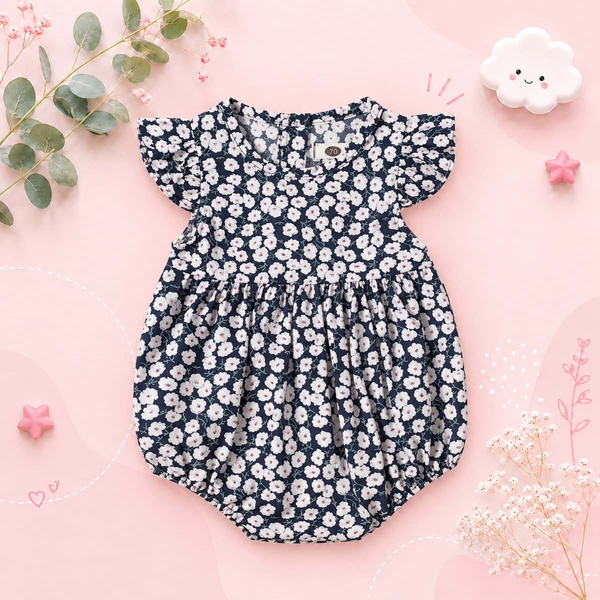 The Catalina - Baby Girl Floral Ruffle Sleeve Classical Round Back Button Bodysuit