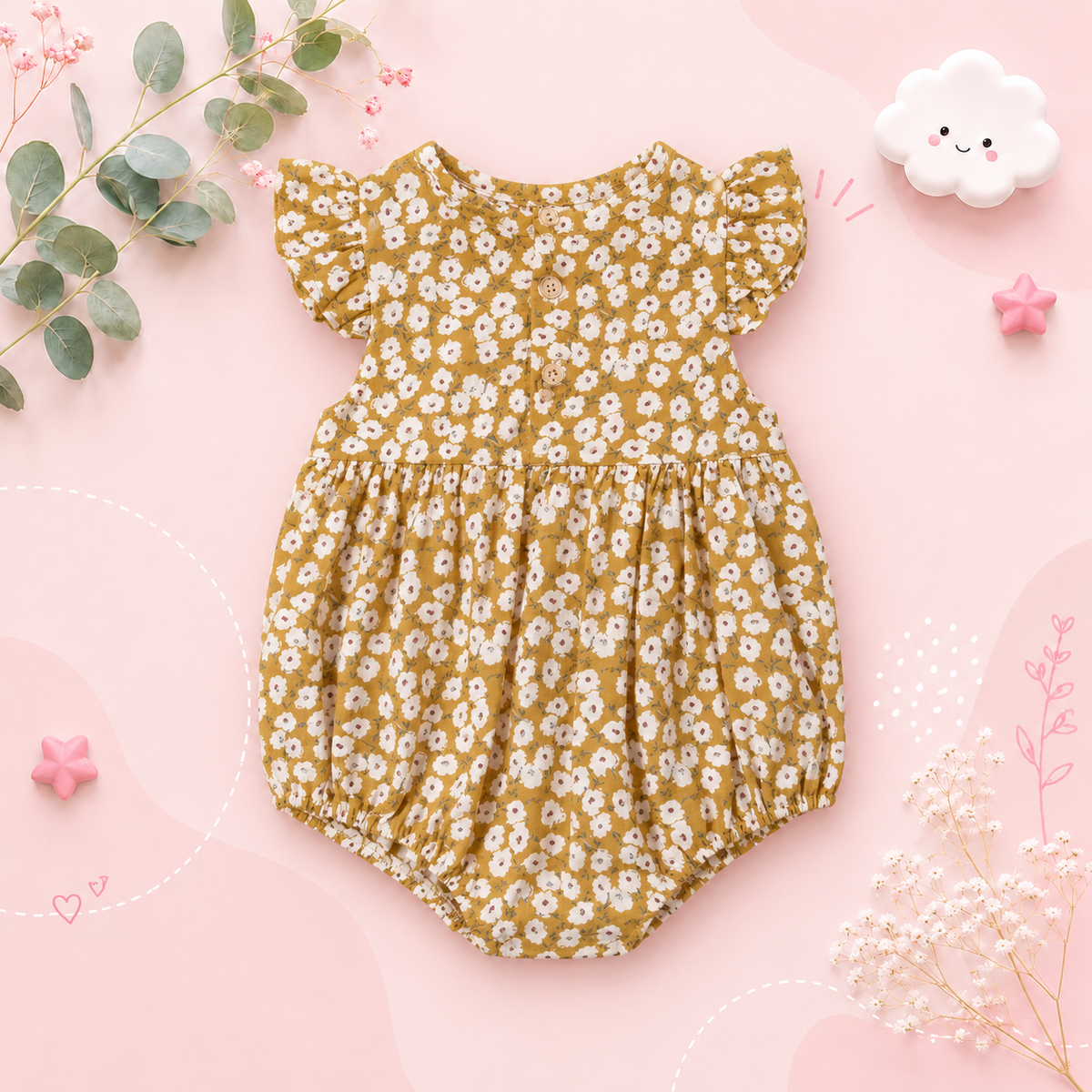 The Catalina - Baby Girl Floral Ruffle Sleeve Classical Round Back Button Bodysuit