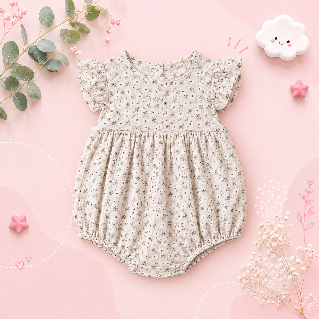 The Catalina - Baby Girl Floral Ruffle Sleeve Classical Round Back Button Bodysuit