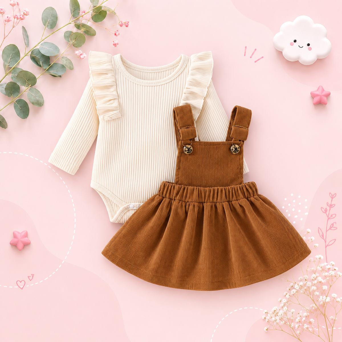The Alicia - Baby Girl Fashionable Long-Sleeved Suit + Coffee Strap Skirt