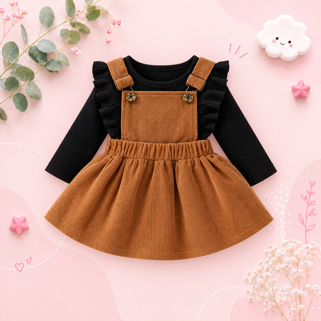 The Alicia - Baby Girl Fashionable Long-Sleeved Suit + Coffee Strap Skirt