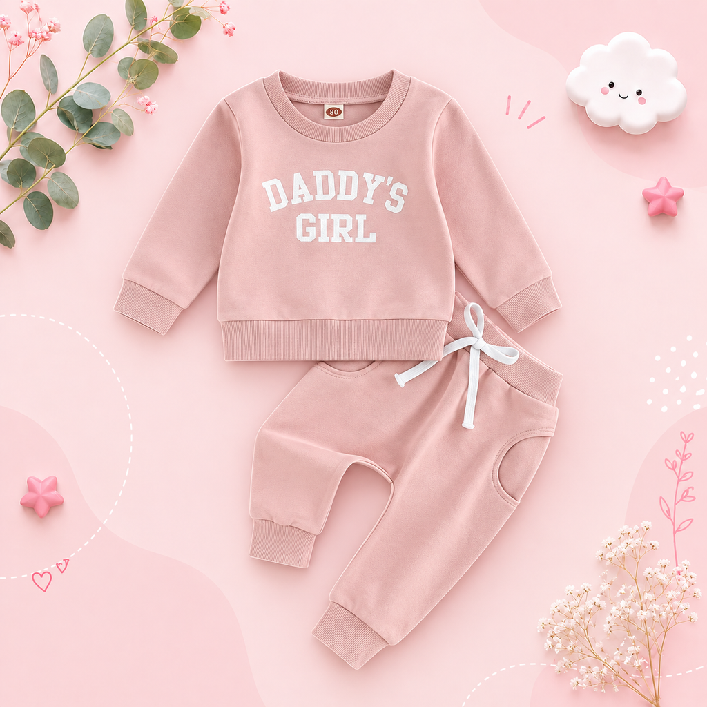 The Chloe - Baby Girl "Daddy's Girl" Letters Print Long Sleeve Sweatshirt Tops Elastic Waist + Pants