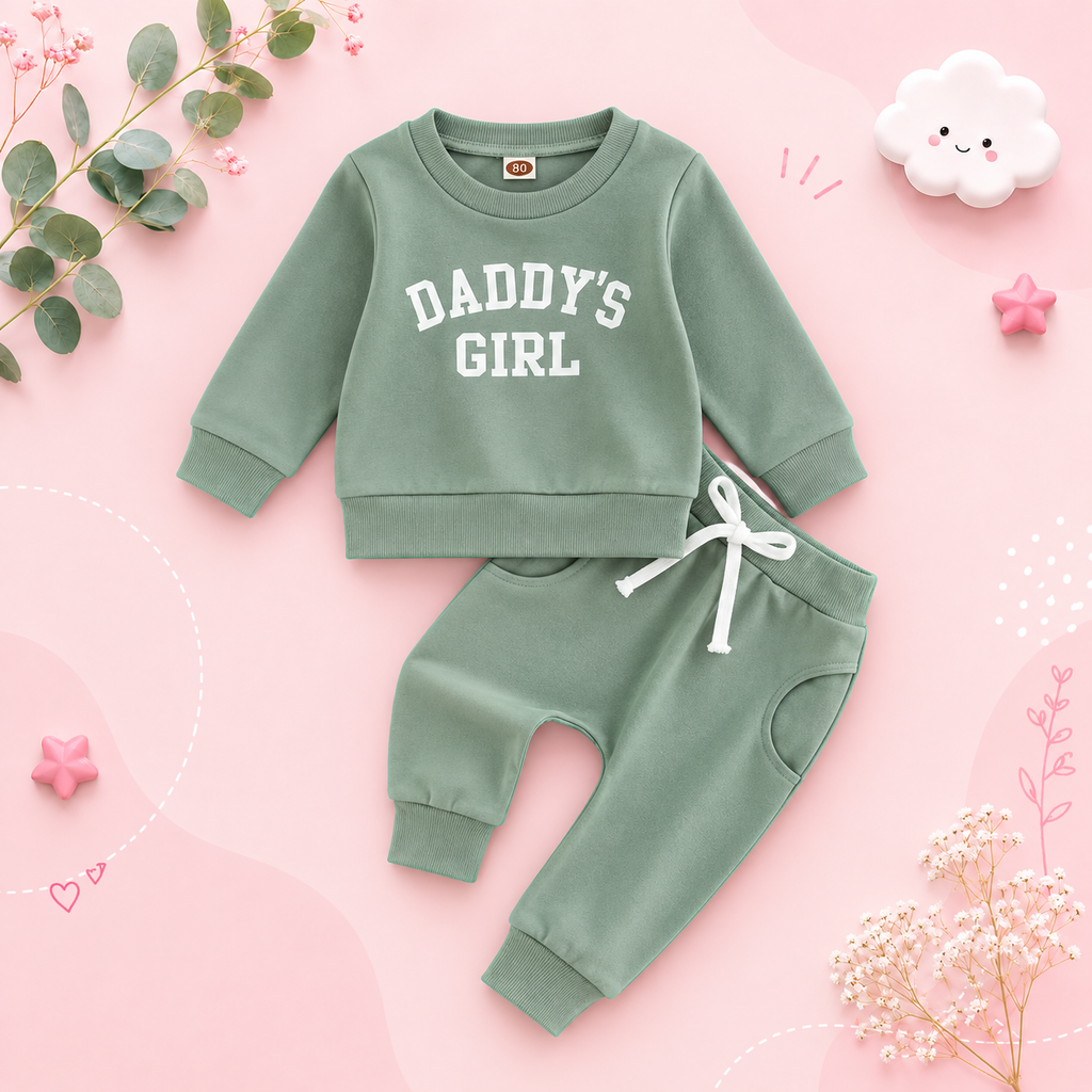 The Chloe - Baby Girl "Daddy's Girl" Letters Print Long Sleeve Sweatshirt Tops Elastic Waist + Pants