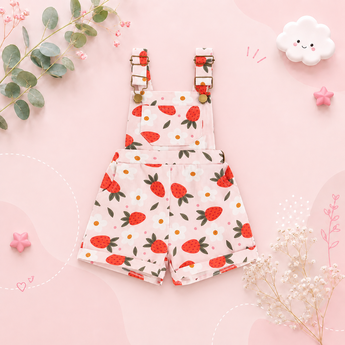 The Alina - Baby Girl Strawberry/Flower Print Denim Sleeveless Straps Buttons Pockets Overalls