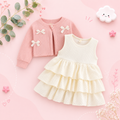 The Alexandria - Baby Girl Pink Bow Knit Red Coat with Sleeveless Cake Dress