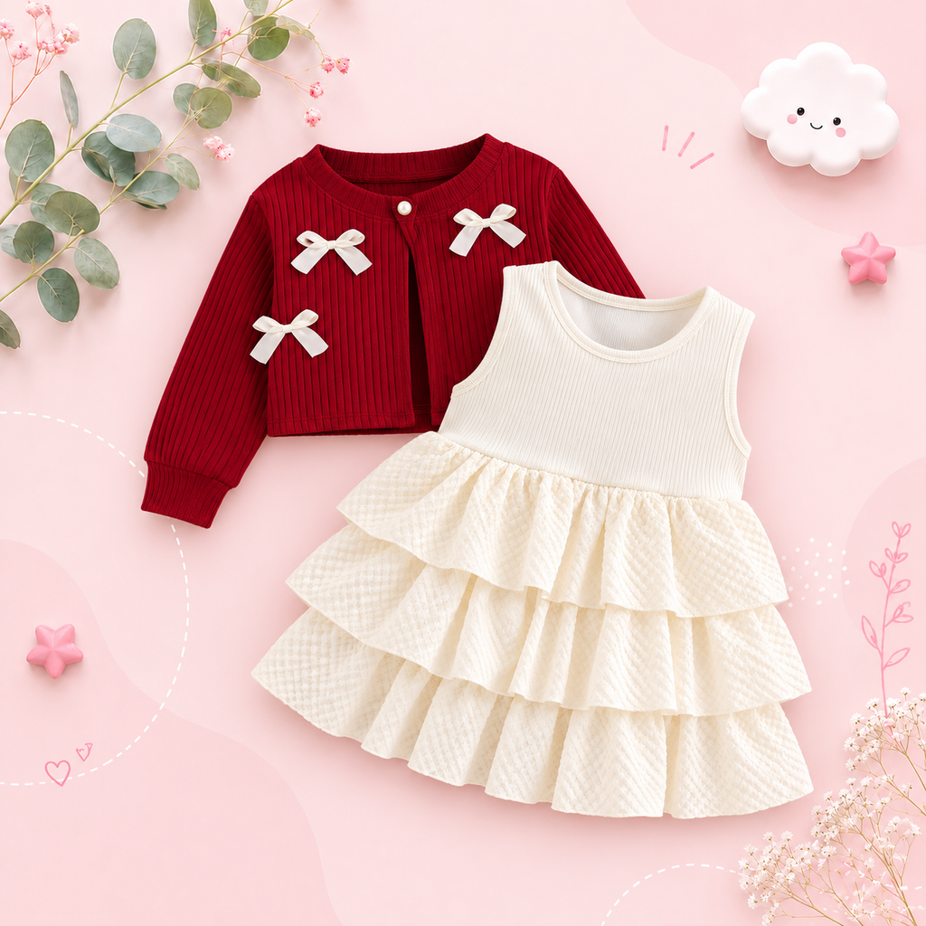 The Alexandria - Baby Girl Red Bow Knit Red Coat with Sleeveless Cake Dress