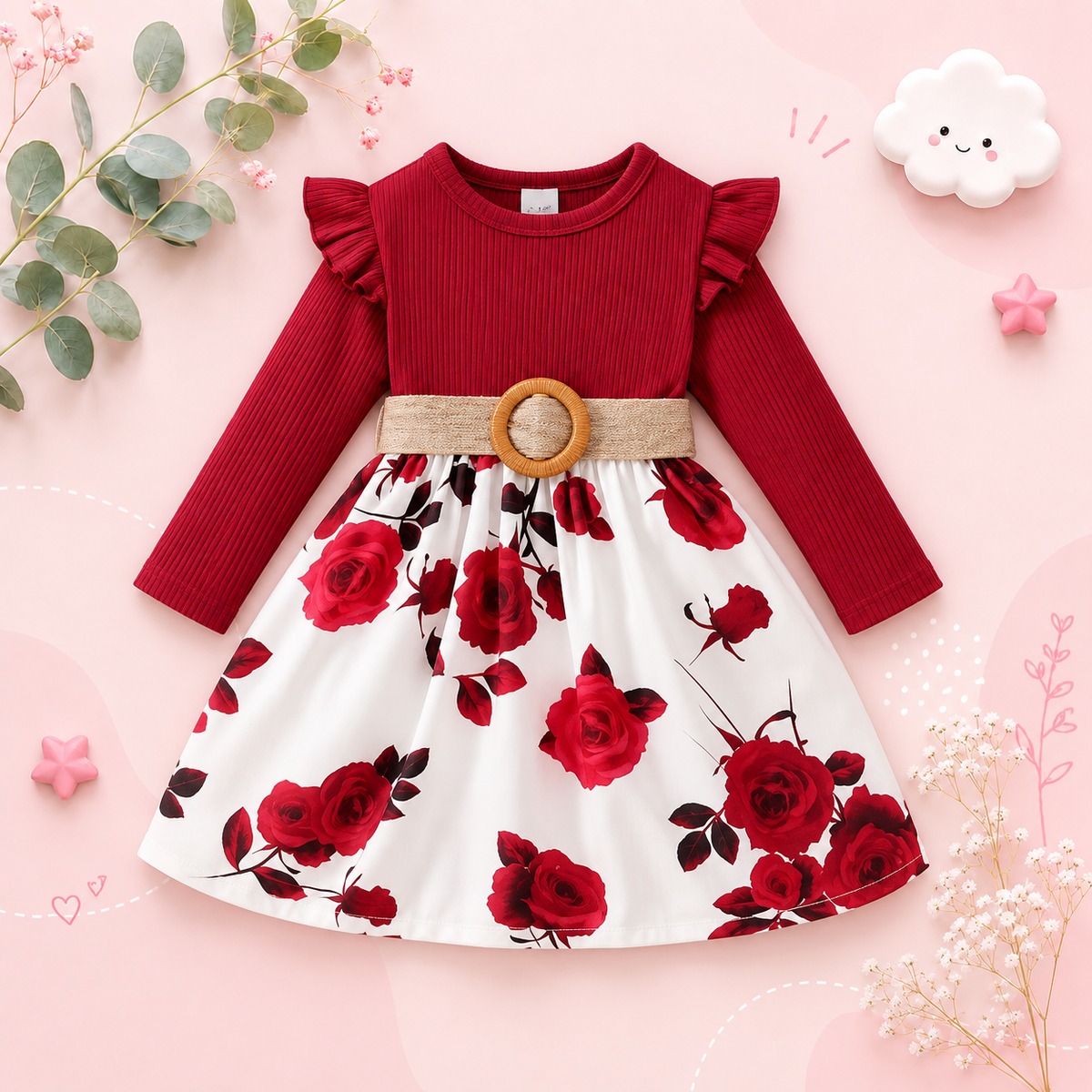 The Aleena - Girls Red Floral Party Dress Long Sleeve Birthday Wedding Outfit