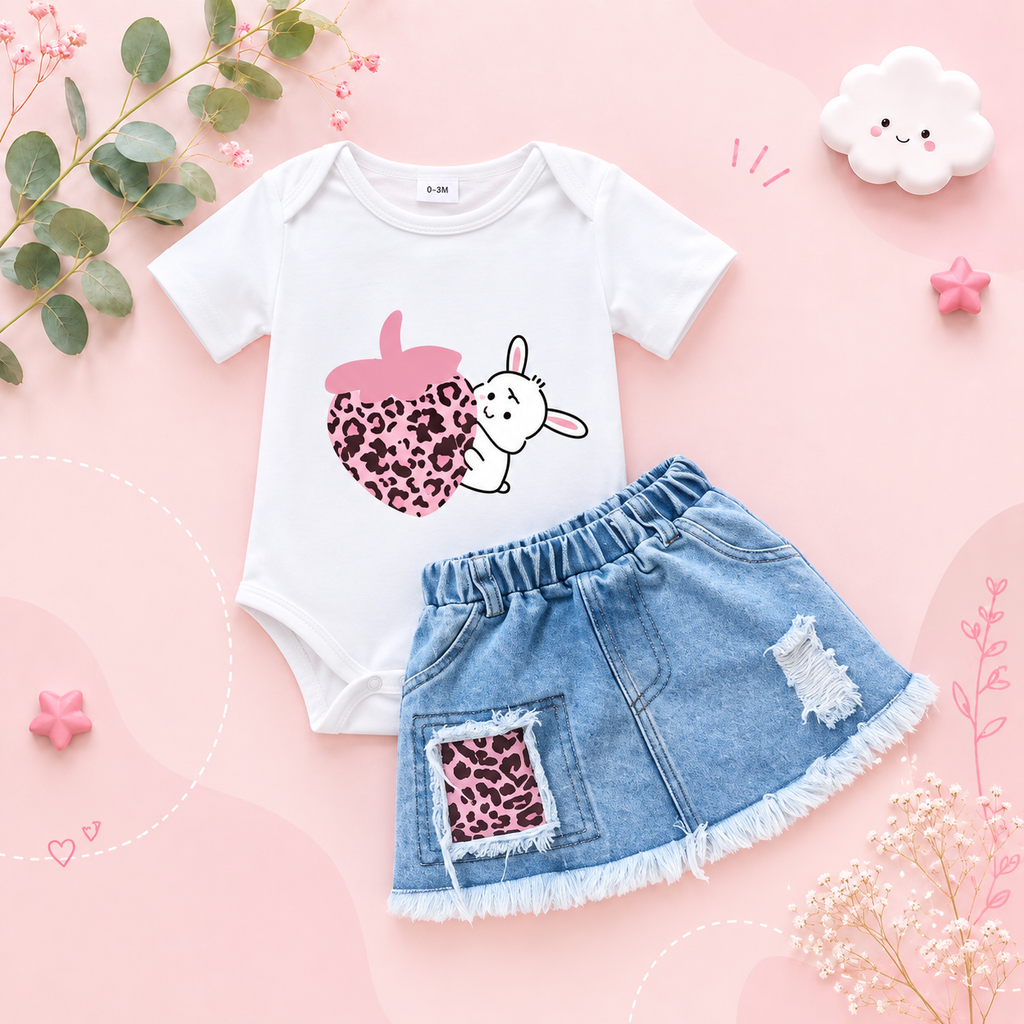 The Andi - Baby Girl Strawberry Rabbit Top Frayed Denim Skirt Summer Outfit 2PCS