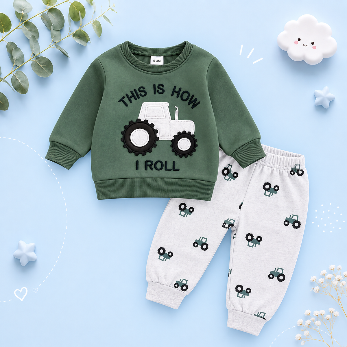 The Bryce - Baby Boy "This Is How I Roll"  Tractor Print Long Sleeve Sweatshirt + Elastic Waist Pants