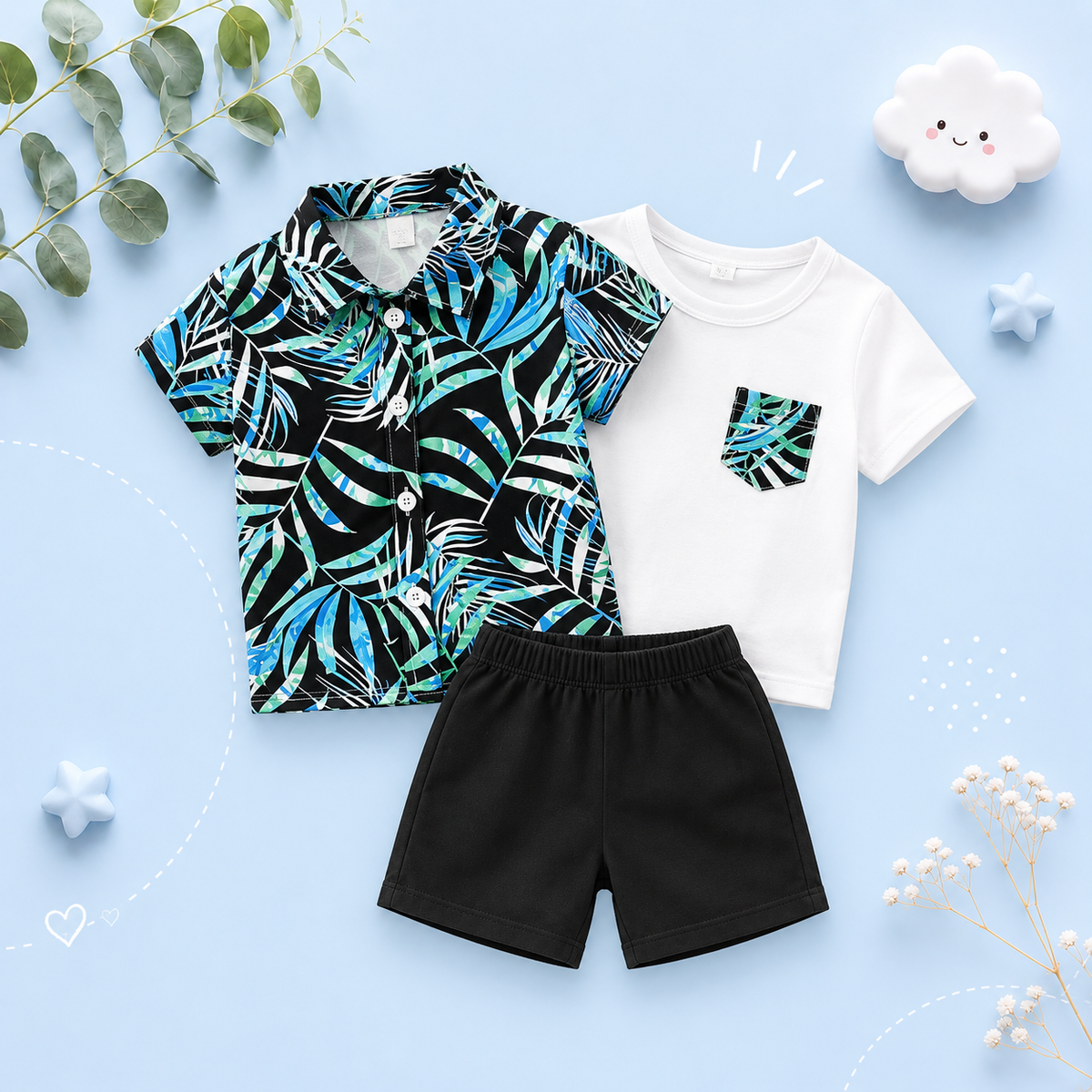 The Brady - Baby Boy Leaf Pattern Hawaiian Beach Casual Short Sleeve Shirt + Shorts